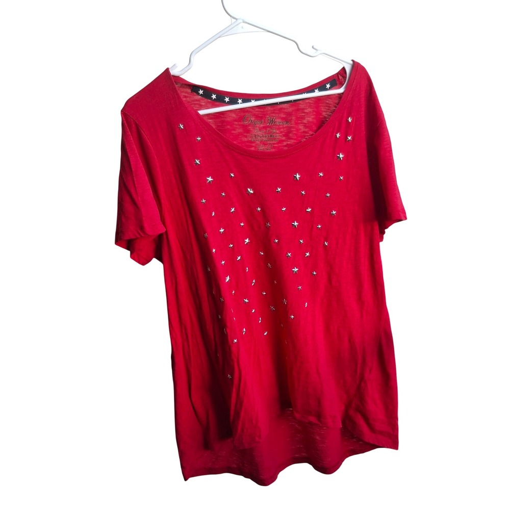 Onque Woman Red Studded Star T-Shirt Plus Size 2X Short Sleeve Patriotic‎ Tee